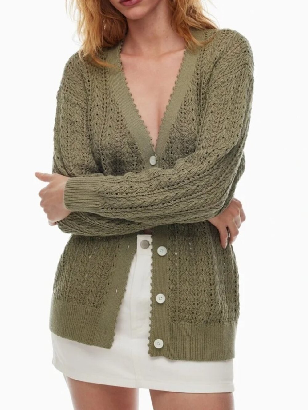 Aritzia Wilfred Reverence Cardigan Relaxed V Neck Cotton Knit Olive Green Sz XS